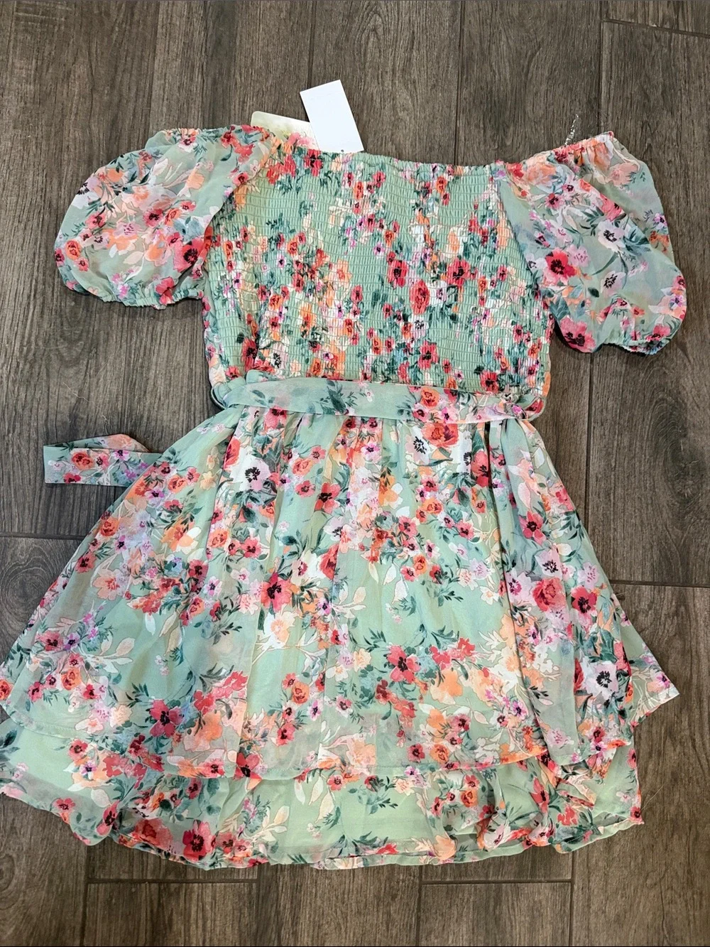 Lily Rose Mint Floral Puff-Sleeve Dress with Pink & Coral Blooms